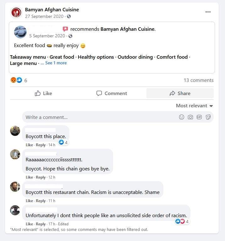 Comments on the restaurant\’s Facebook page posted after the video went up.