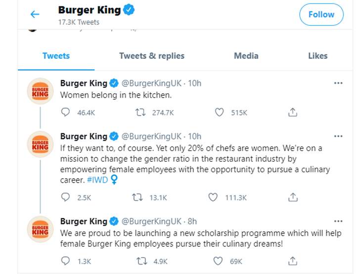 Burger King UK attempted to honour International Women’s Day on March 8, 2021.