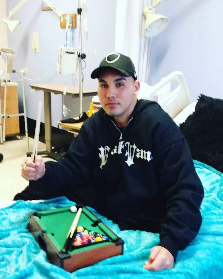 Carl Sinclair in hospital, where he spent three months before being released to GF Strong for therapy. Source: Facebook