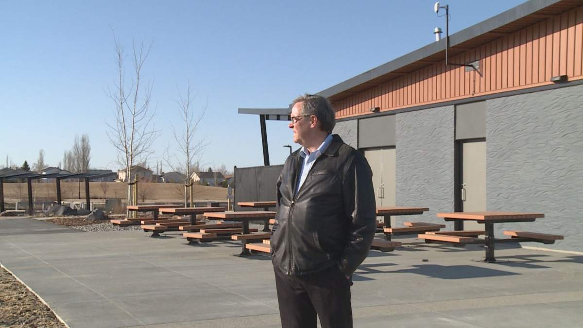 Dave Ellis stands near the new community pavilion in Legacy Regional Park on March 18, 2021.