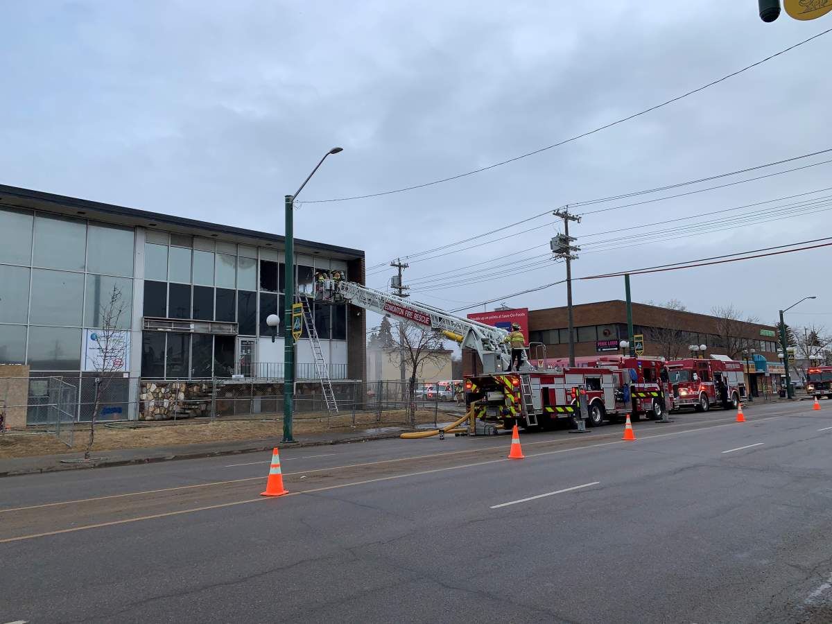 Edmonton fire crews battle a blaze in the area of 109 Street and 107 Avenue Wednesday, March 24, 2021.