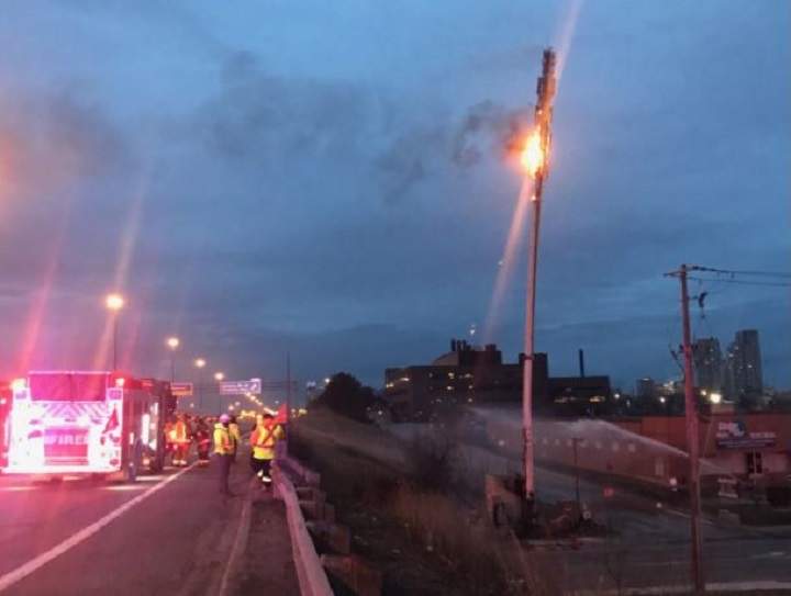 A photo of the cell phone tower on fire near Highway 401 and Midland Avenue.