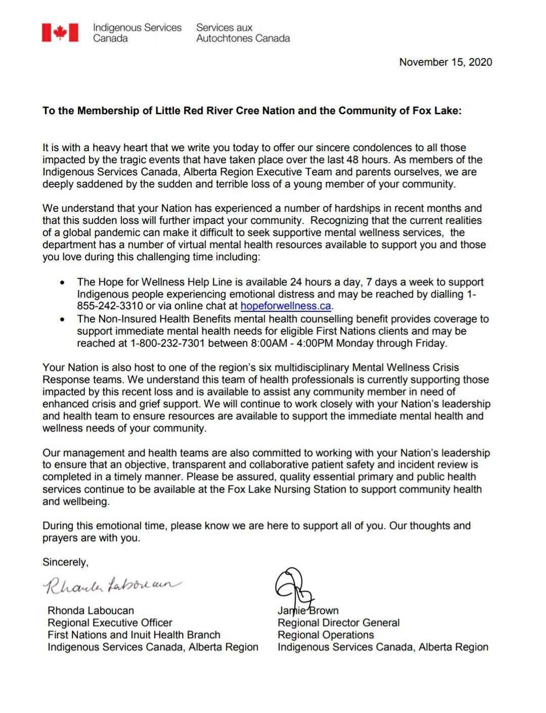 Letter sent to Little Red River Cree Nation from Indigenous Services Canada days after Harlen died