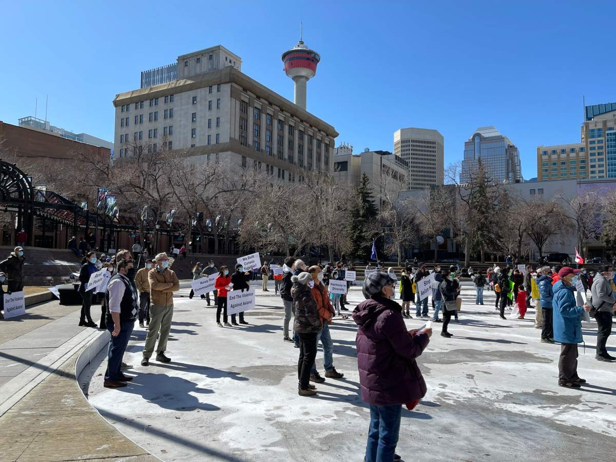 Socially distanced ‘Stop Asian Hate’ rally at Olympic Plaza in Calgary.