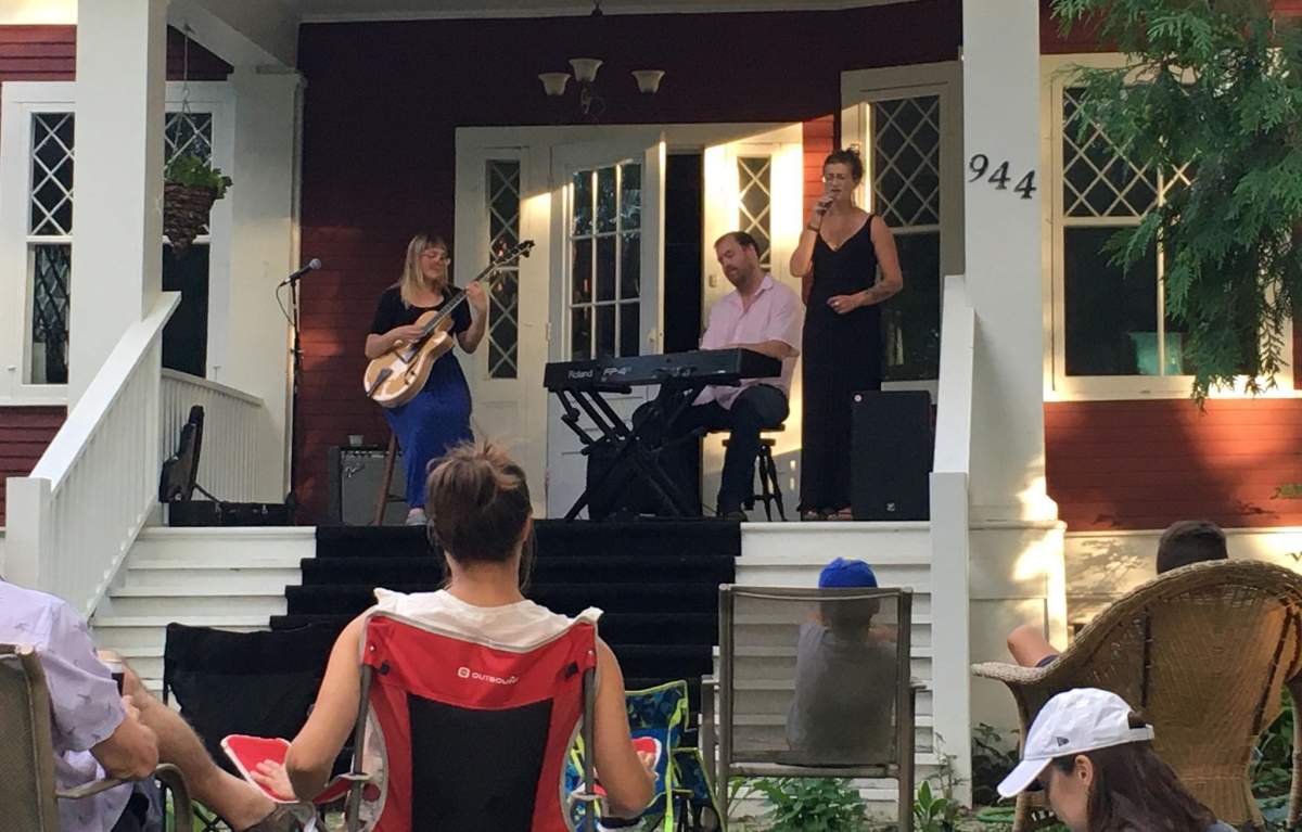 Jazz musicians Jocelyn Gould and Will Bonness perform at a Red Haus Live concert along with presenter Zohreh Gervais in July 2020.
