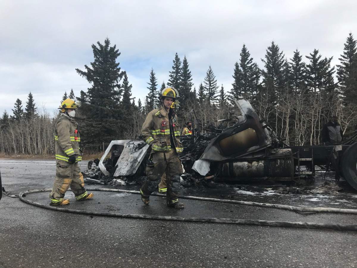 The burned semi-trailer on Highway 1 in Alberta on Sunday, March 7, 2021.