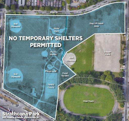 A map provided by the Vancouver Park Board showing the areas where tents and structures will no longer be permitted.