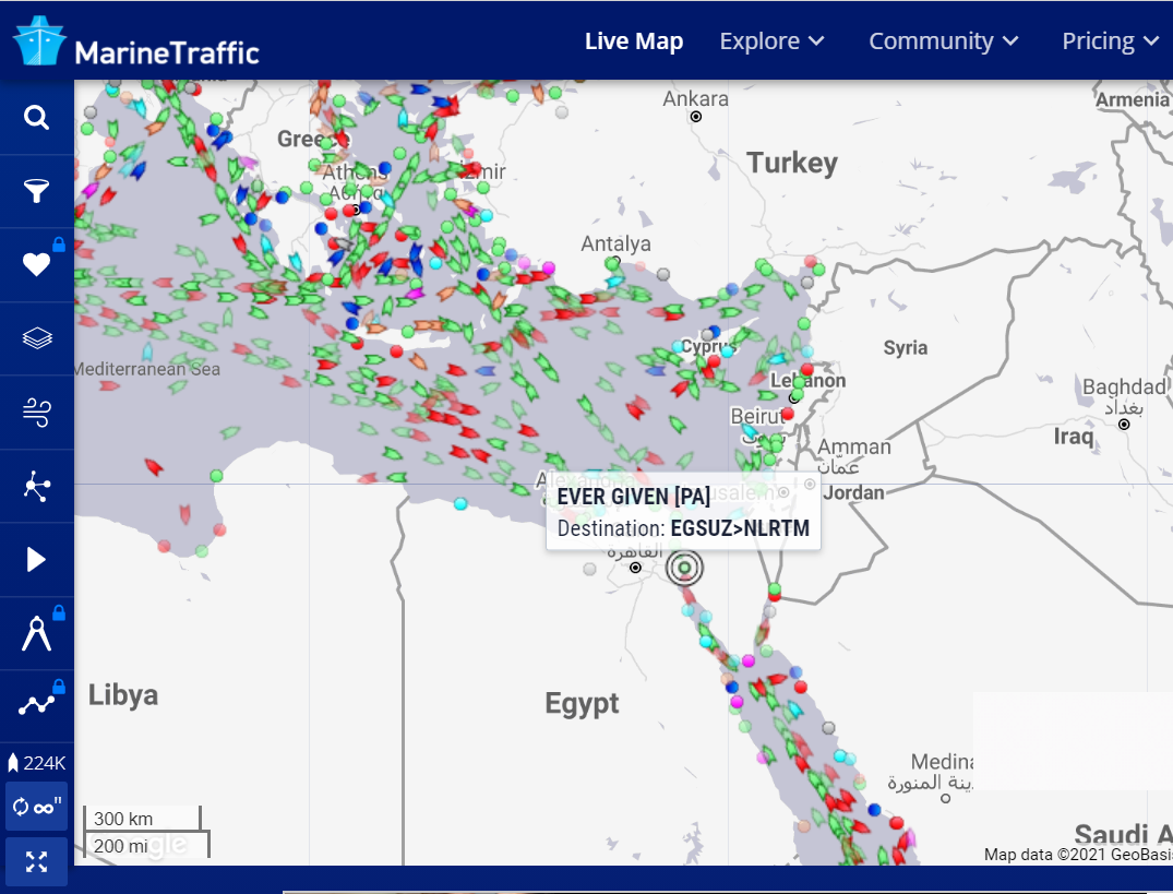 A maritime traffic jam grew to more than 200 vessels Friday, disrupting global shipping outside the Suez Canal. The screenshot from the Marine traffic site above shows all these ships trying to change course because of the blockage. There are hundreds more trying to make their way through.