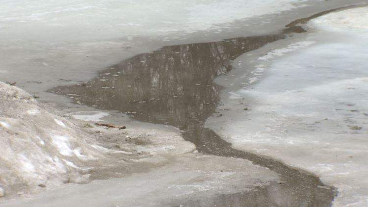 Thinning ice on the Assiniboine River on March 7, 2021.