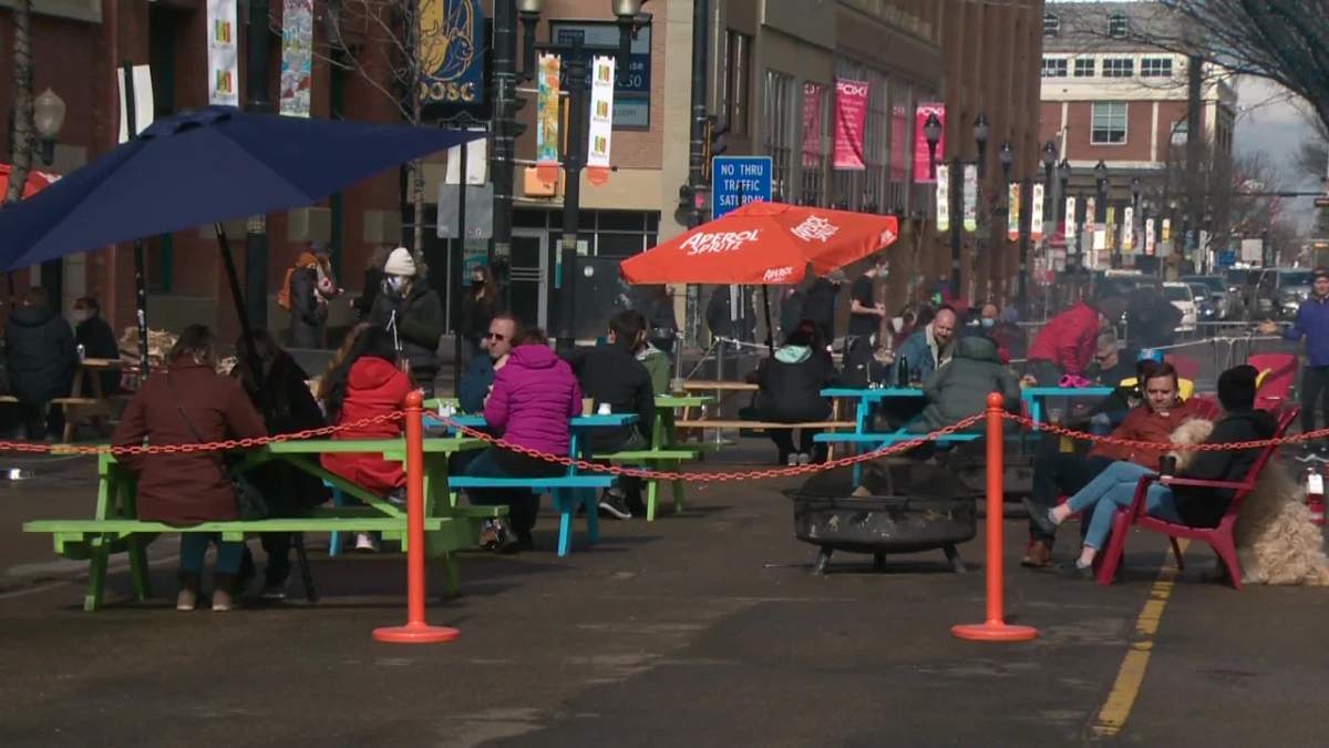 A pop-up street patio on 104 Street in downtown Edmonton.