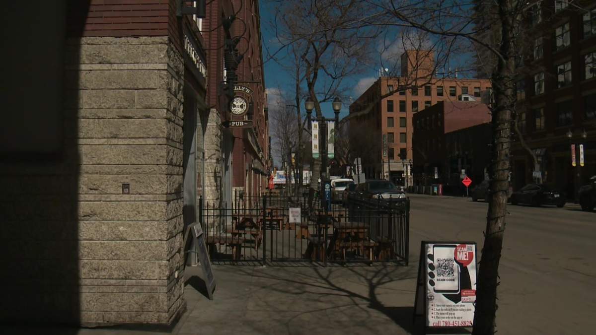 A patio on 104 Street in downtown Edmonton on Thursday, April 8, 2021.