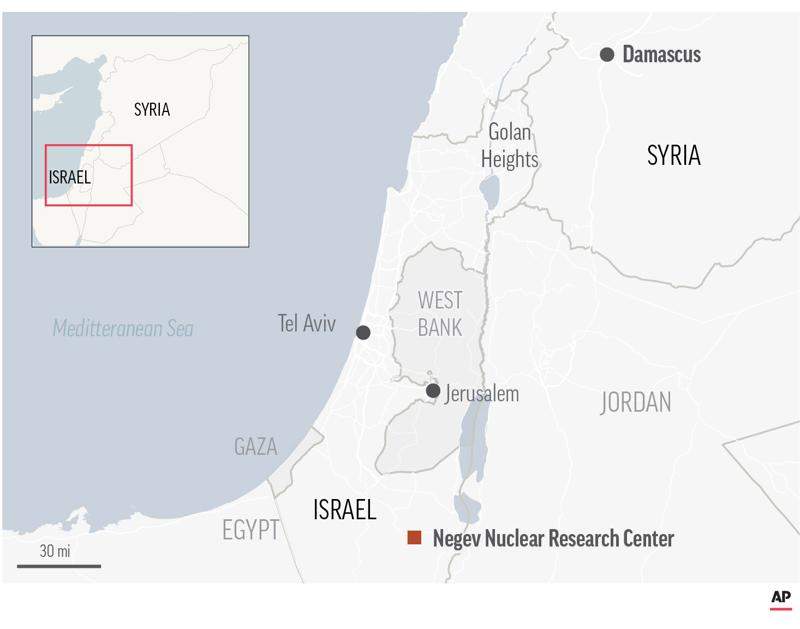 Map locates Negev Nuclear Research Center.