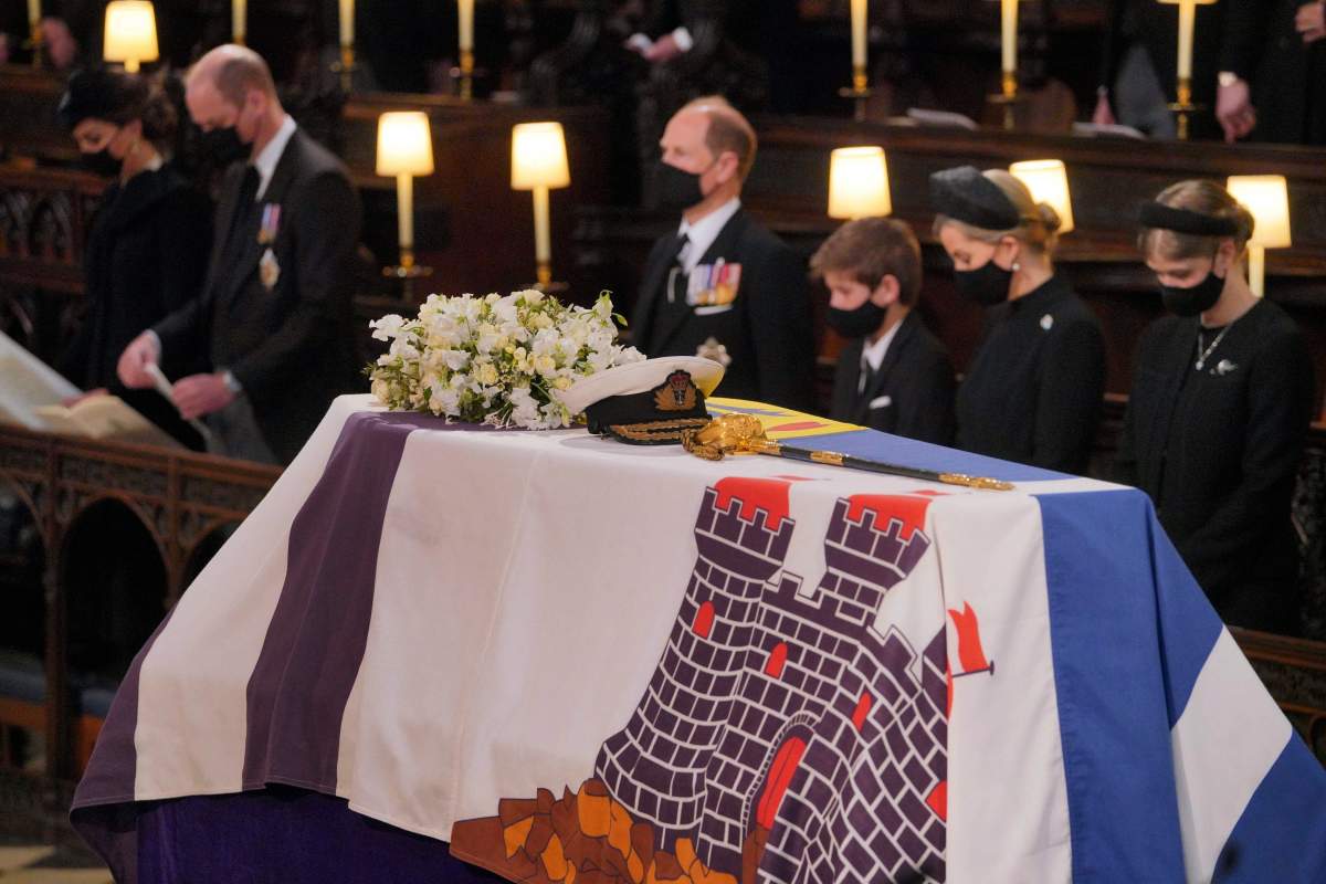 Mourners including, front row from left, Kate, Duchess of Cambridge, Prince William, Prince Edward, Viscount Severn, Lady Louise Mountbatten-Windsor, and Sophie, Countess of Wessex, during the funeral of Prince Philip, at St George’s Chapel in Windsor Castle, Windsor, England, Saturday, April 17, 2021. Prince Philip died April 9 at the age of 99 after 73 years of marriage to Britain’s Queen Elizabeth II. (Dominic Lipinski/Pool via AP)