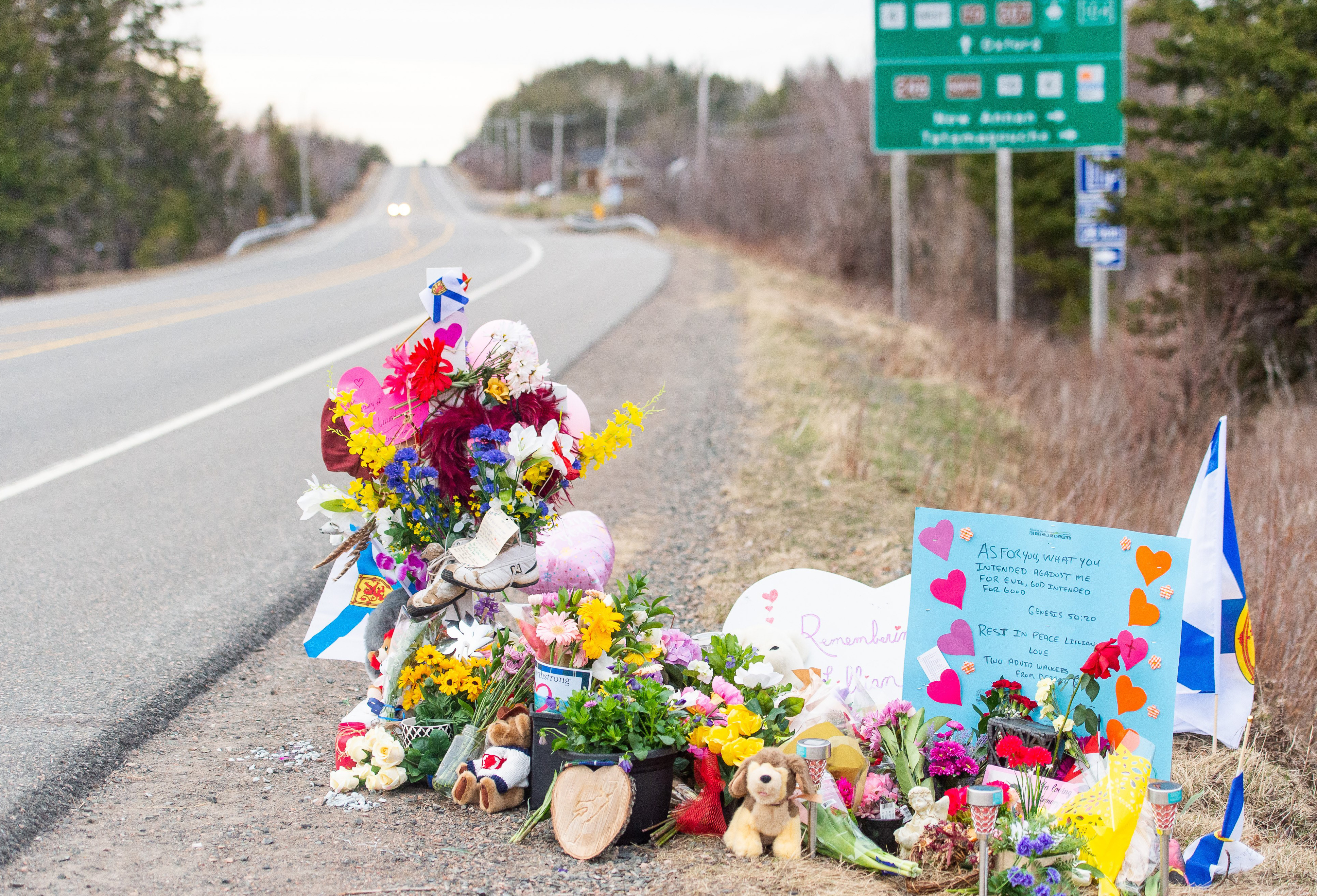 A roadside memorial set up following the Nova Scotia shooting spree is seen along the road in Wentworth, N.S. on Friday, April 24, 2020. 