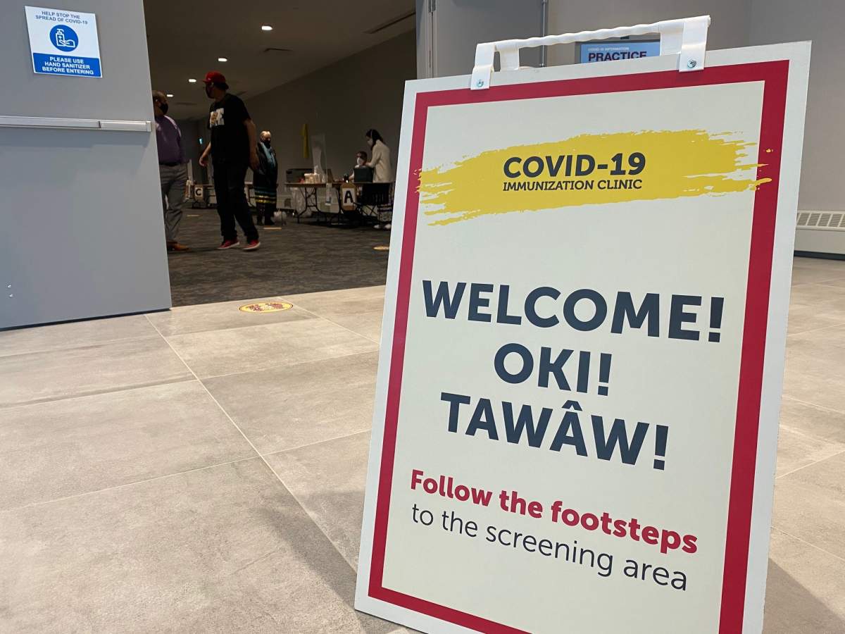A sign welcomes people to Calgary’s second Indigenous COVID-19 vaccine clinic.