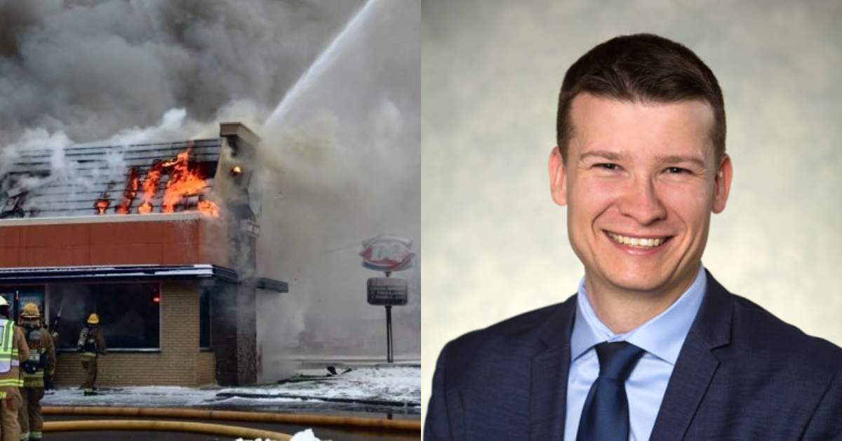 Left: Fire consuming the Dairy Queen at 1906 Centre A Street NE in Calgary, Alta. in October 2019, and right: Calgary Ward 11 councillor  Jeromy Farkas.