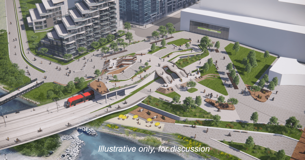 A rendering of a bird's eye view of the Eau Claire Promenade where the Green Line LRT was originally designed to emerge from underground to cross the Bow River.