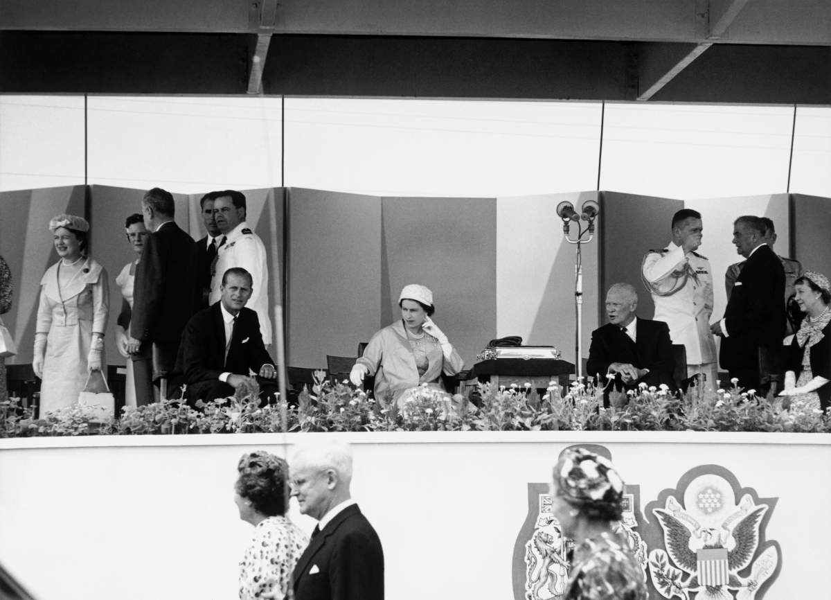 Queen Elizabeth II and Prince Philip, Duke of Edinburgh, attend in the company of U.S. President Dwight D. Eisenhower (1890 – 1969), First Lady Mamie Eisenhower (1896 – 1979), Canadian Prime Minister John Diefenbaker (1895 – 1979) and his wife, Olive Diefenbaker (1902 – 1976) the opening ceremony of the St. Lawrence Seaway, St. Lambert, Que., Canada, 26th June 1959.