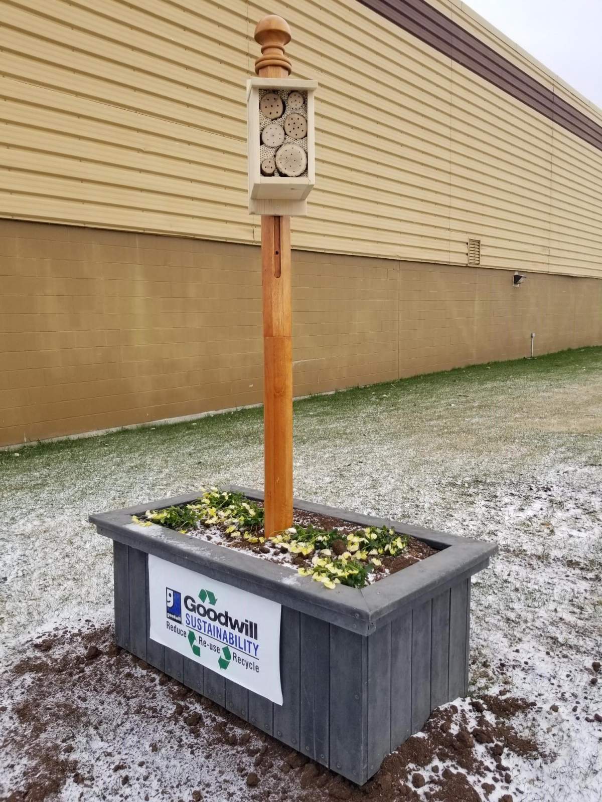 A bee hotel made of entirely sustainable materials at the Goodwill Impact Centre in Edmonton.