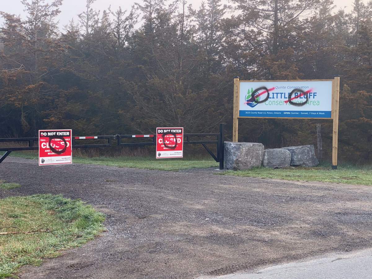 Quinte Conservation says new signs it put up as part of the rehabilitation of Little Bluff Conservation Area have been vandalized.