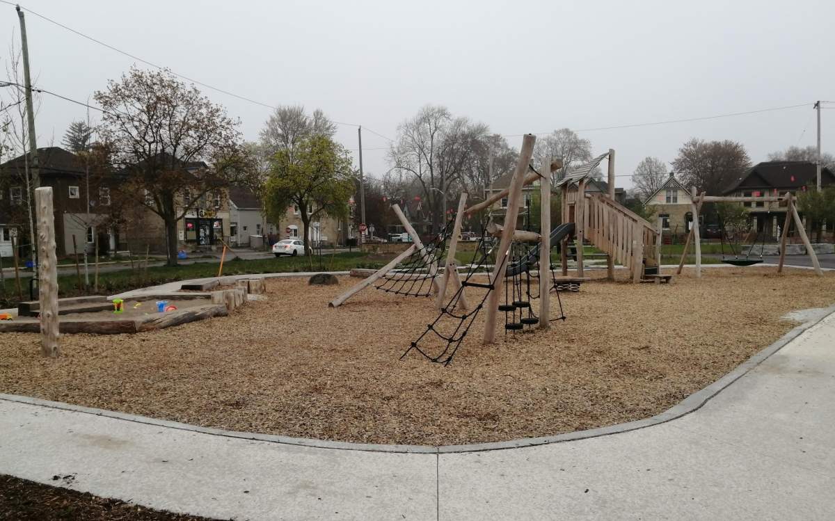 A wooden play structure is one of the prominent features of the new park in Old East Village.