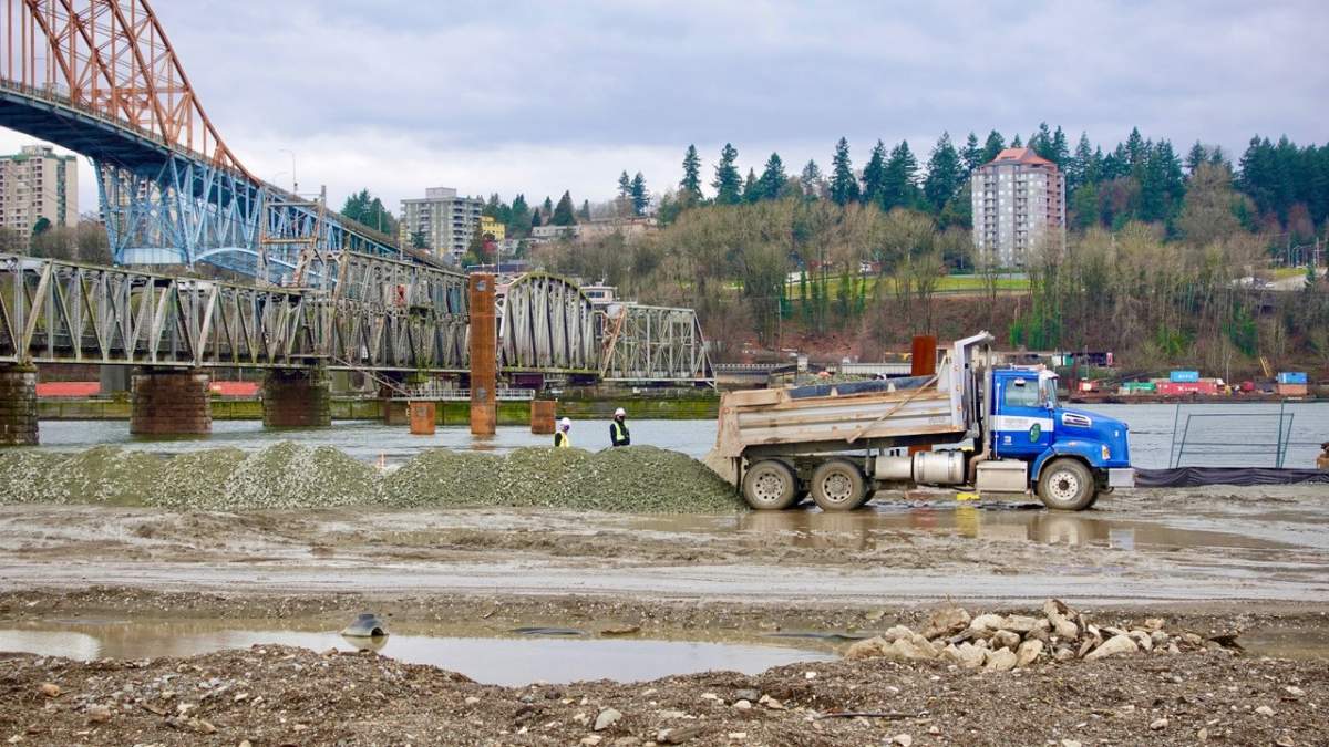 Work taking place in the Pattullo Bridge yard earlier this year. Credit: Al Coen / Global News