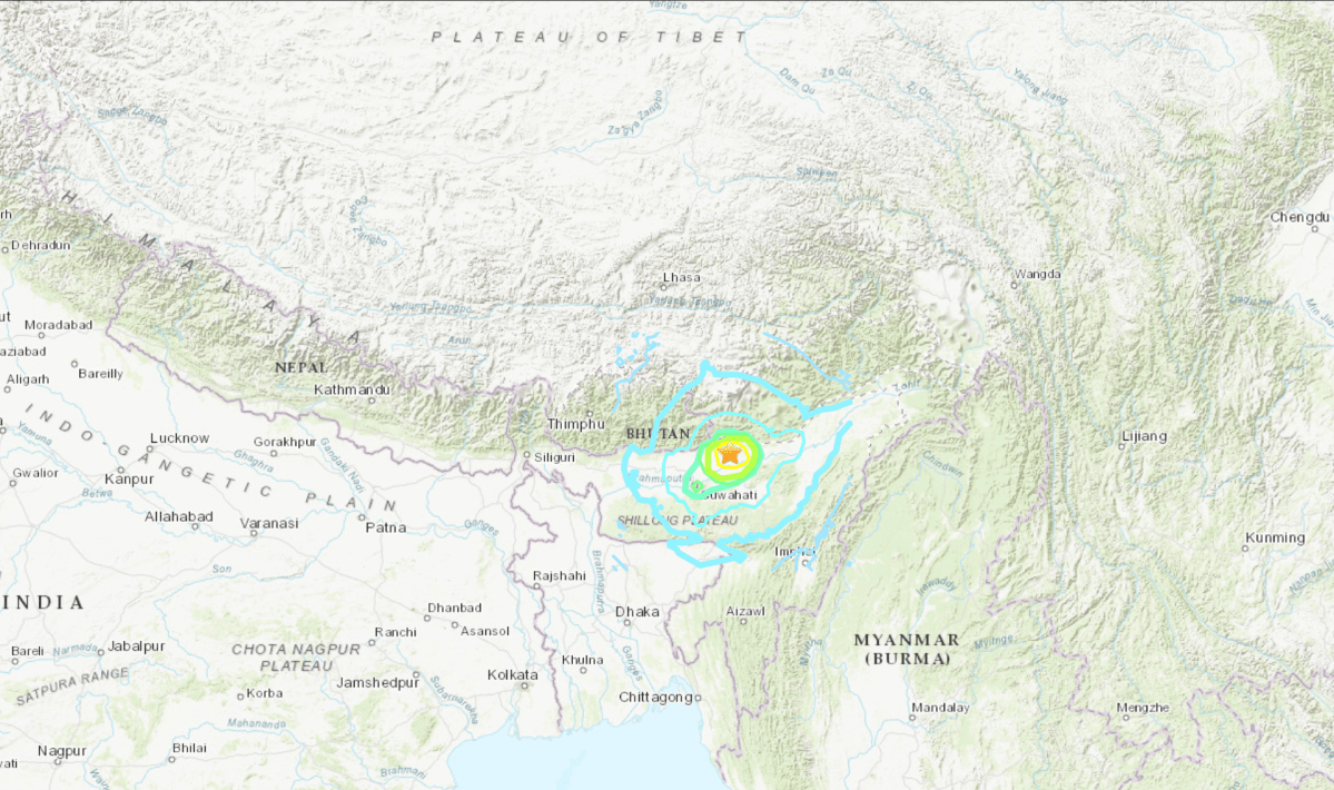 Location of a 6.0 magnitude earthquake in northeastern India on April 27, 2021.