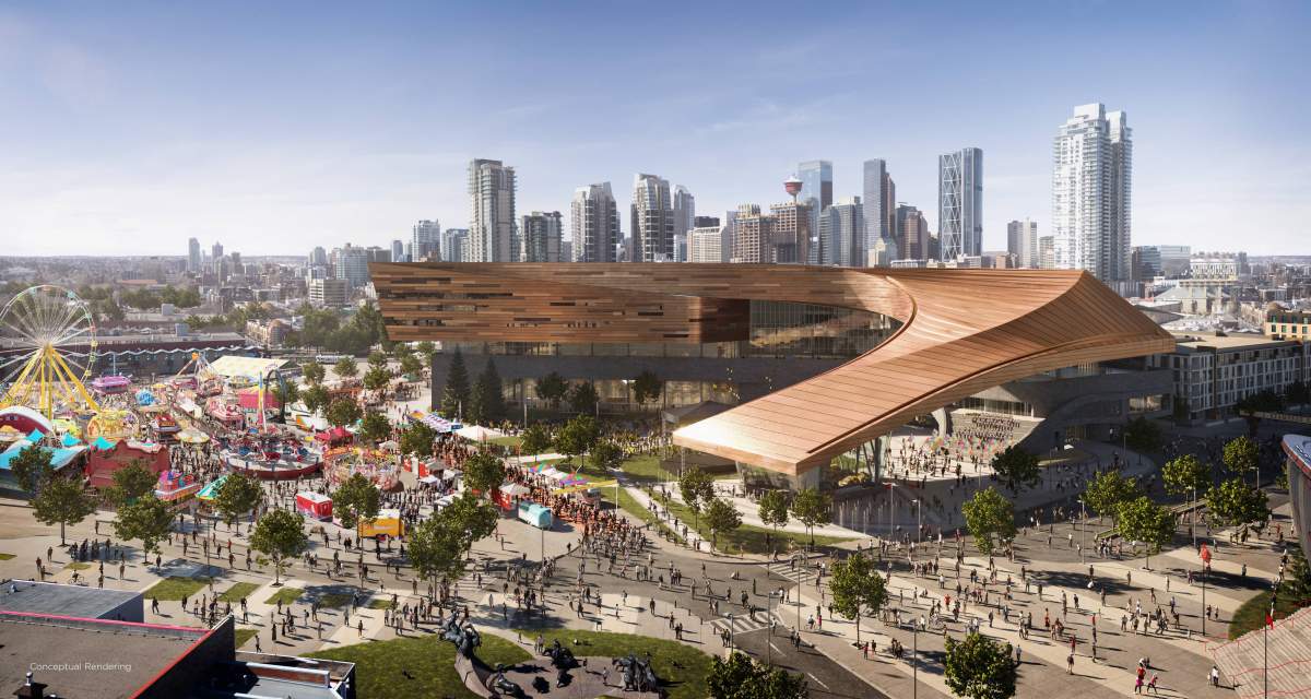 An artist’s rendition of the exterior of the expanded Calgary BMO Centre with the skyline and midway.