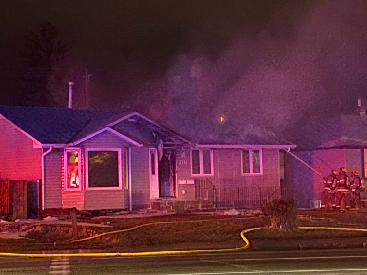 Calgary firefighters respond to a blaze in the 3700 block of 8 Avenue southwest on Thursday, April 22, 2021.