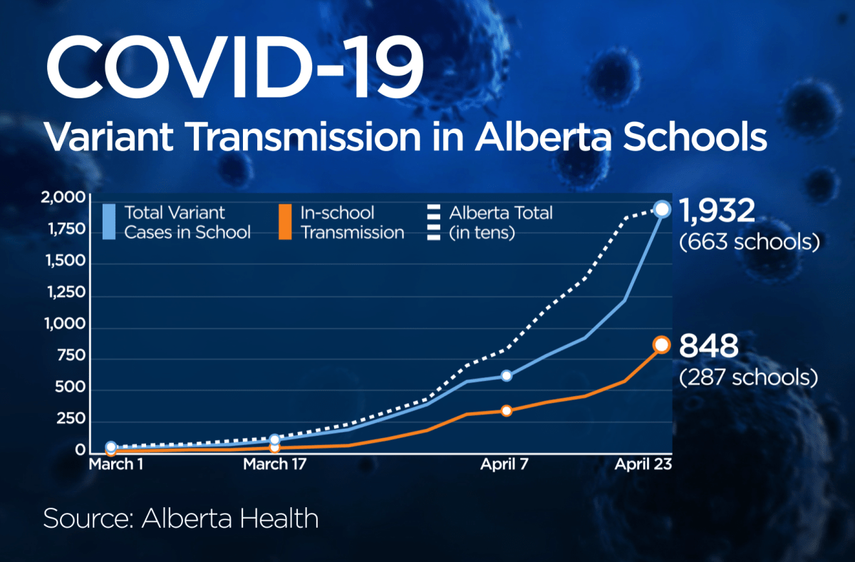 COVID-19 variant cases detected in Alberta schools between March 1 – April 23.
