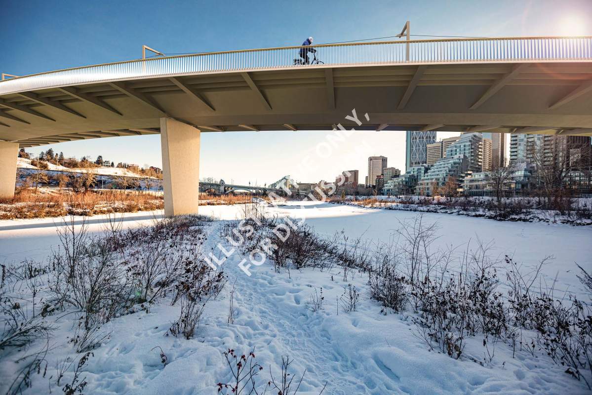 A rendering of the view of one possible LRT bridge over the Bow River, as viewed from Prince’s Island Park.