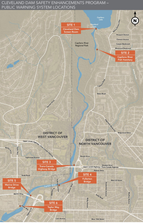 A map shows the planned placement of six interim warning stations which will be equipped with lights and sirens.
