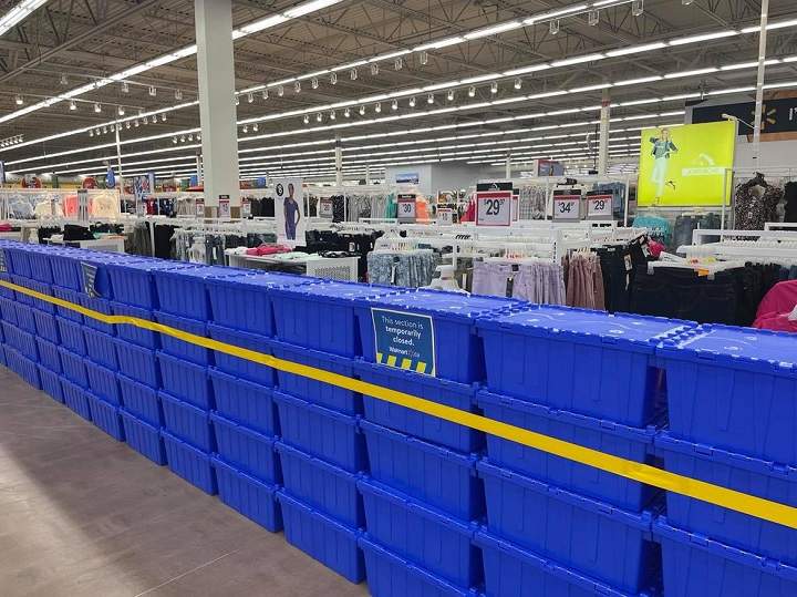Inside of a Walmart in Toronto blocking off non-essential items under new Ontario-wide restrictions.
