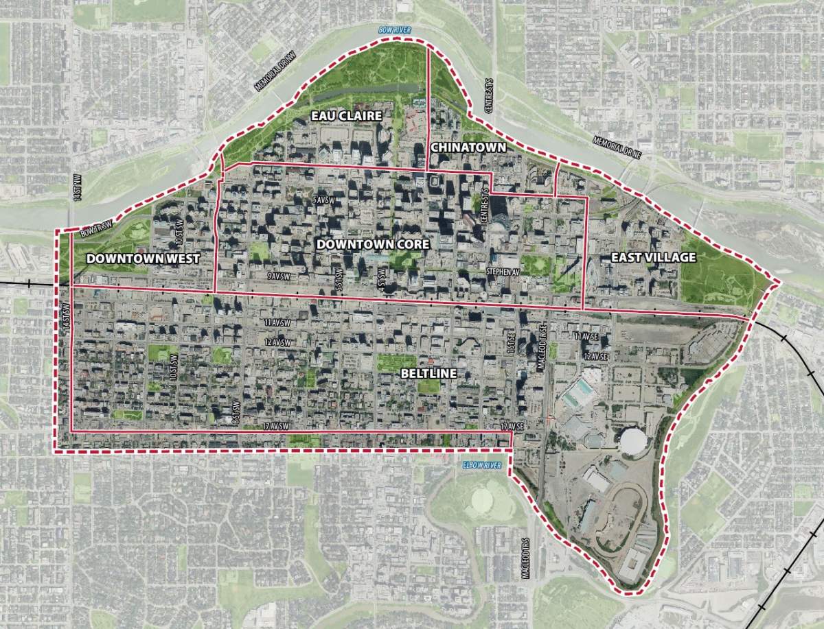 A map of communities included in Calgary’s greater downtown.