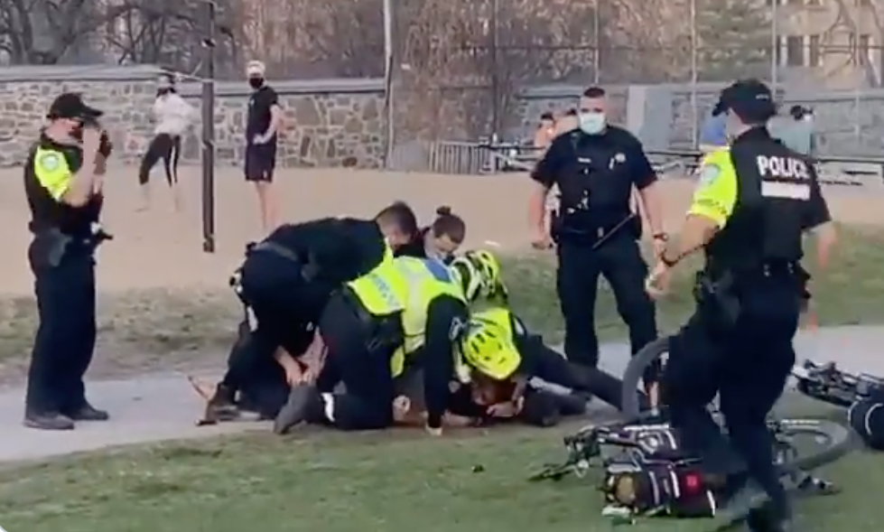 A video posted on social media shows an SPVM officer apparently holding a man in a chokehold and pummeling him in the head. Monday April 12, 2021.