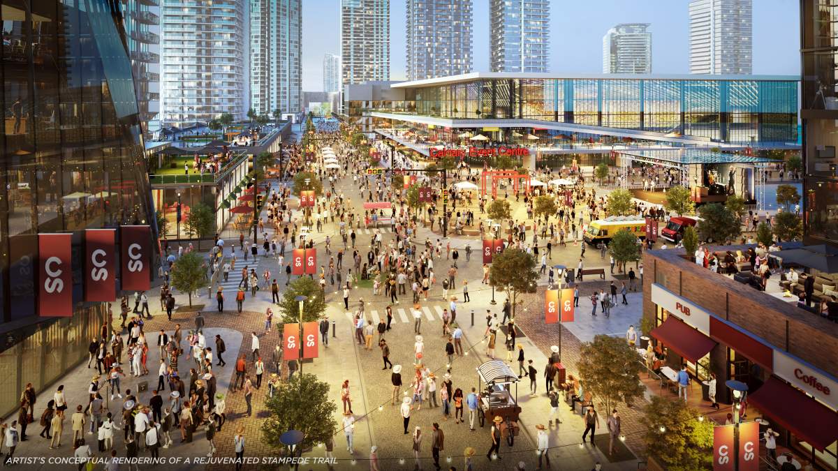 An artist's rendering of Stampede Trail and the Event Centre in Calgary.