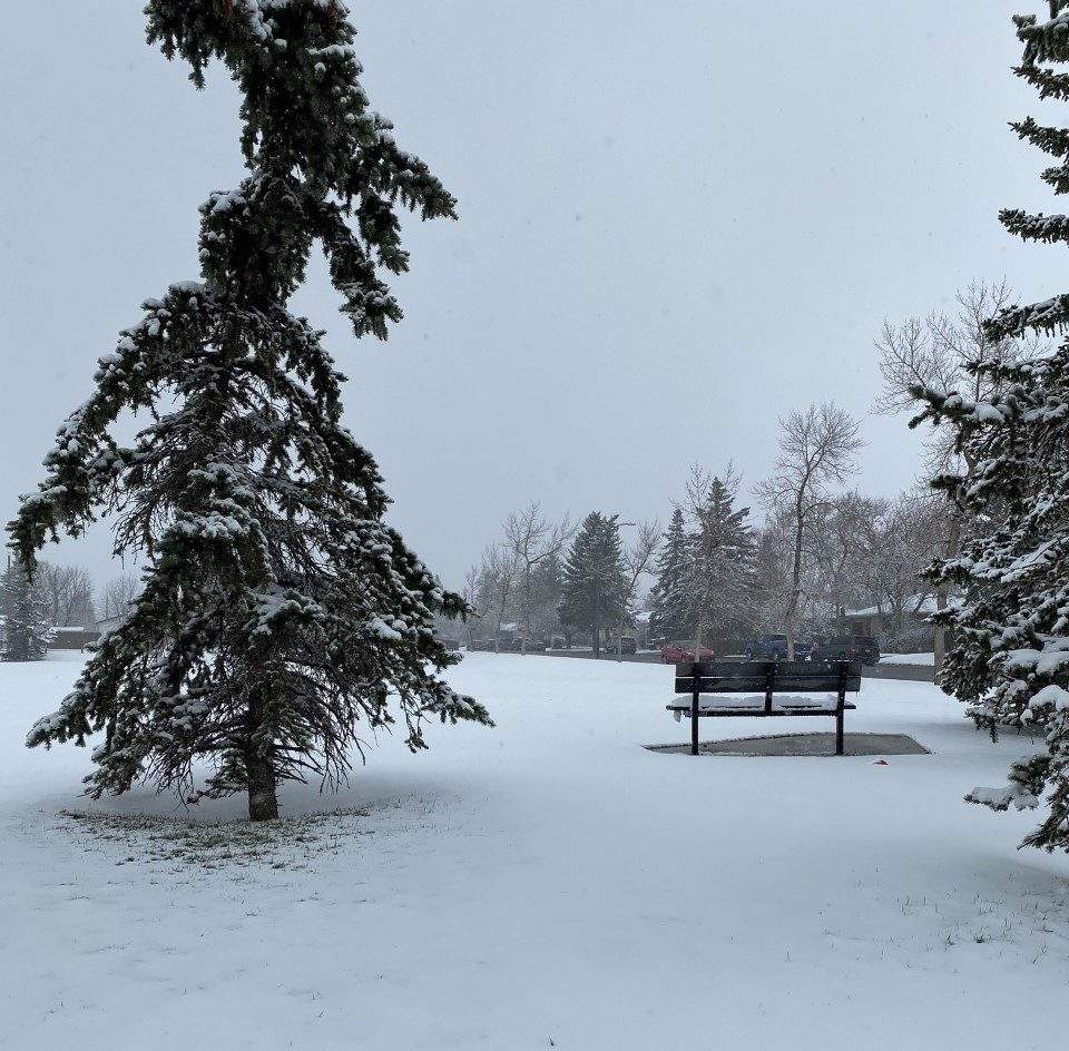 A snowy Calgary pictured on Sunday, April 18, 2021.
