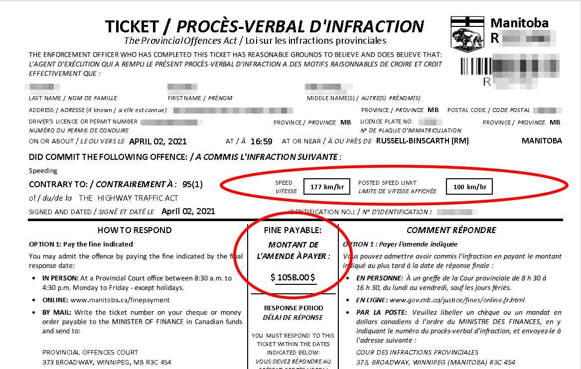 The motorcyclist received a $1,058 speeding ticket.