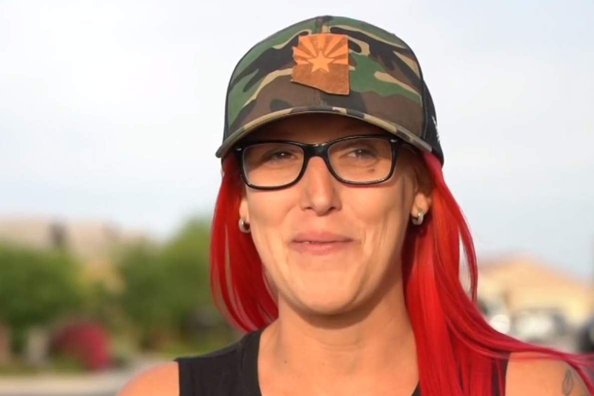 Francesca Wikoff speaks about the finger in her driveway outside her home in Maricopa, Ariz., on Apr. 15, 2021.