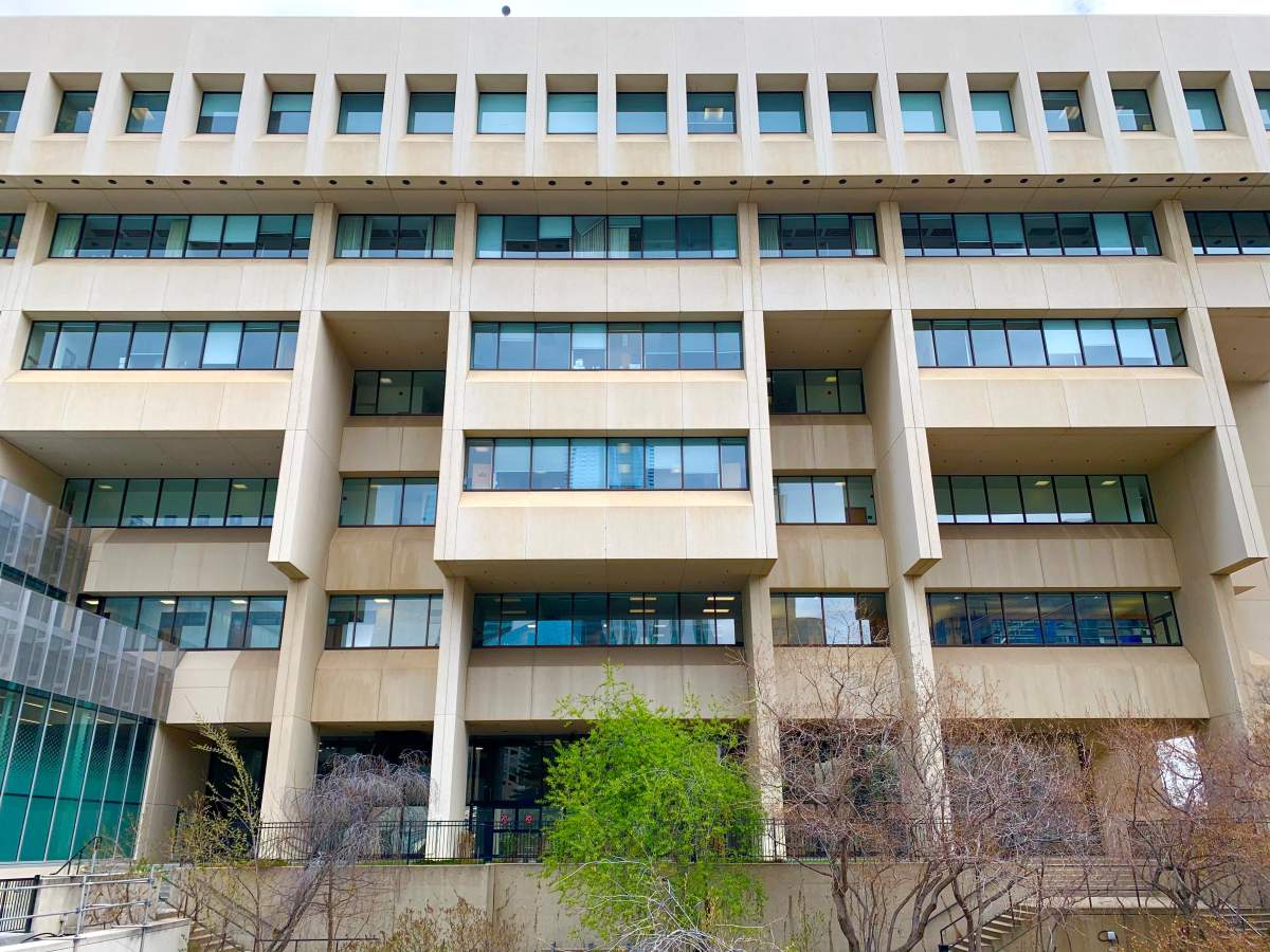 Law courts Edmonton, Alta., on May 4, 2021, where hearings of the Provincial Court of Alberta, the Alberta Court of Queen's Bench, and the Court of Appeal of Alberta are conducted.