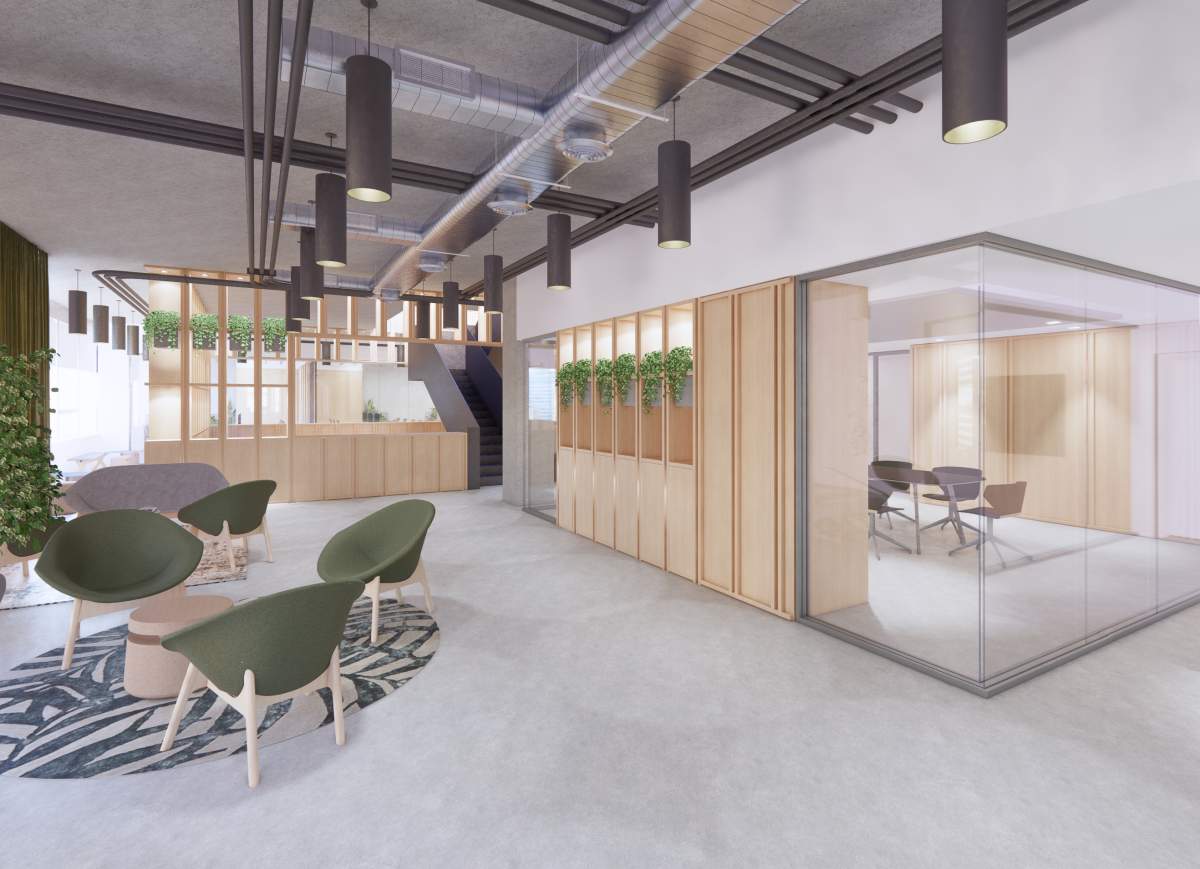This rendering of the upcoming And-Co space in Vancouver shows a mix of open lounge space with a private meeting room.