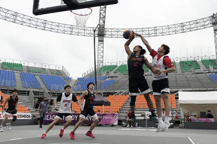 Athletes compete during the Tokyo 2020 Olympic Game men’s basketball 3×3 test event Sunday, May 16, 2021 at Aomi Urban Sports Park in Tokyo.