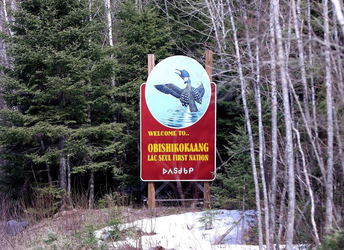 A welcome sign for the Lac Seul First Nation west of Sioux Lookout, Ont., is seen on April 24, 2018.