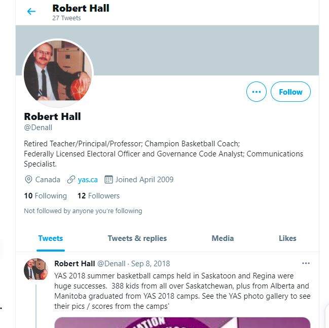 The Twitter profile of @Denall, which shows the name Robert Hall and a photo of someone who appears to be Dennis Hall.