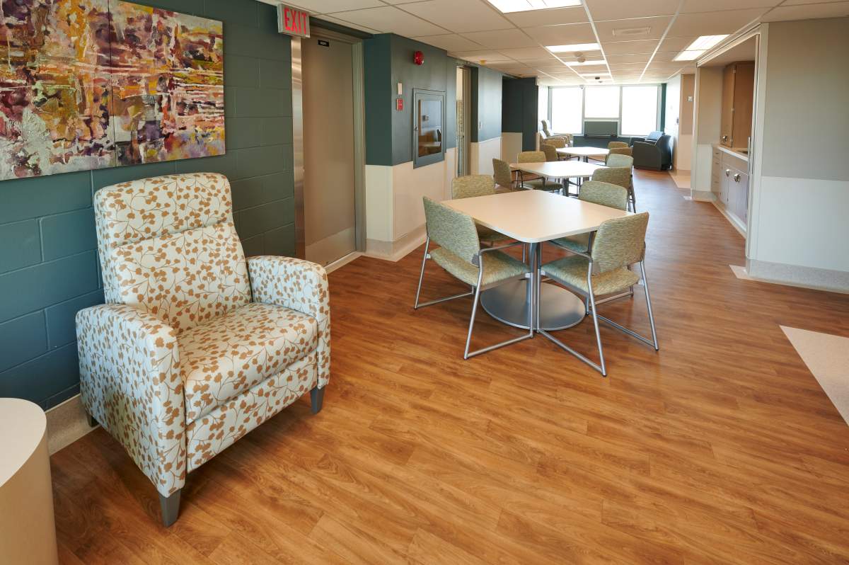 A dining room and lounge at the St. Boniface Hospital’s McEwen Building following renovations.