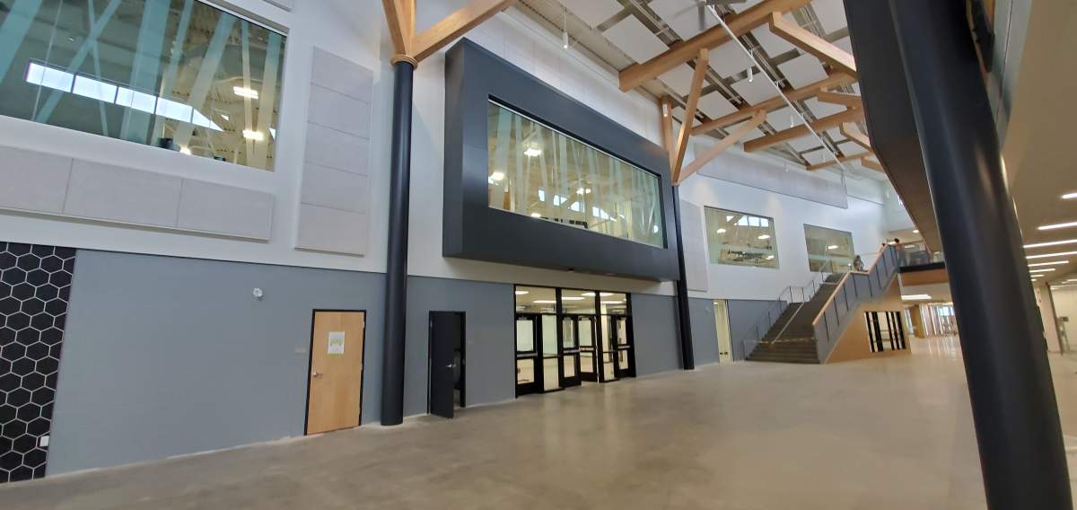 The main hallway entrance at Dr. Anne Anderson School, a new high school in southwest Edmonton’s Heritage Valley area.