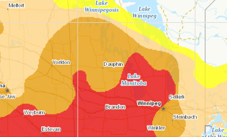 Southern Manitoba was in a severe drought situation as of May 1, 2021.