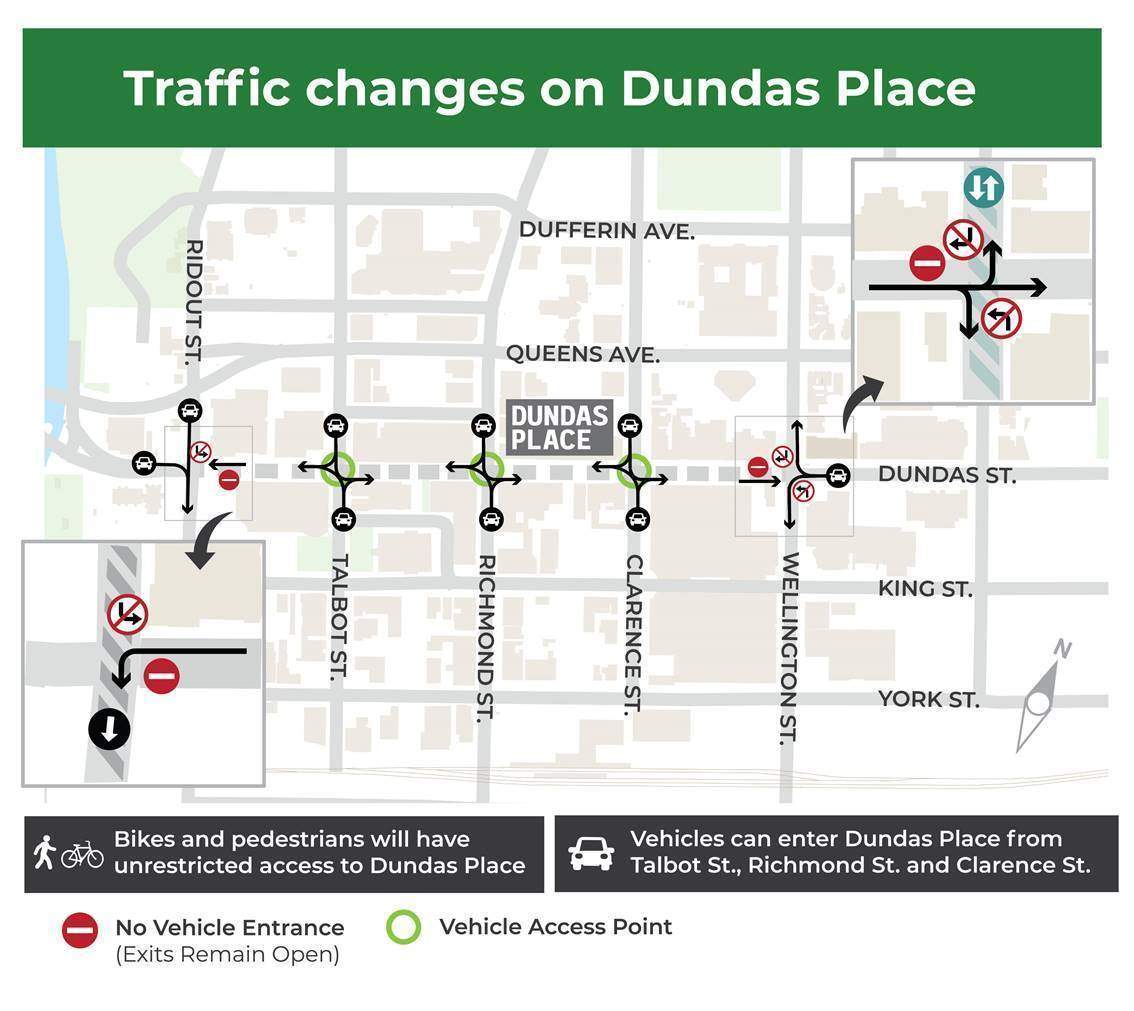 A visual of the temporary traffic restrictions set to take place on Dundas Place during the 2021 construction season.