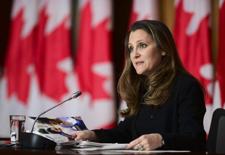 Finance Minister Chrystia Freeland holds a press conference in Ottawa on Tuesday, April 20, 2021. 