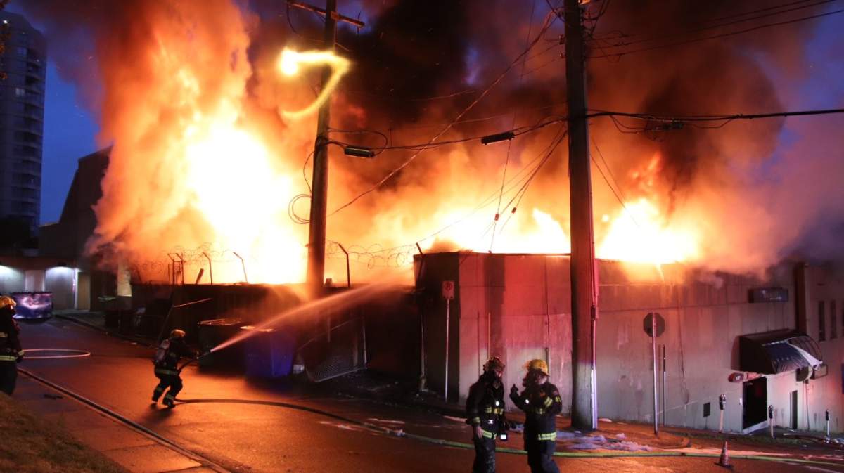 Fire crews were called to a large blaze at a nightclub under construction in downtown New Westminster Monday morning.